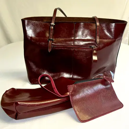 Covelin • 3 Piece Set • Authentic Leather Purse Tote Pouch • Large & Beautiful Red