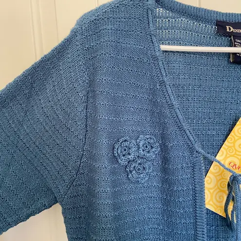 NEW Denim & Co. women’s blue tie front floral embroidered long sweater small