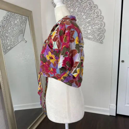 Vintage 90s 1991 Colorful Boho Hippie Floral Flower Front Tie Crop Top Blouse S