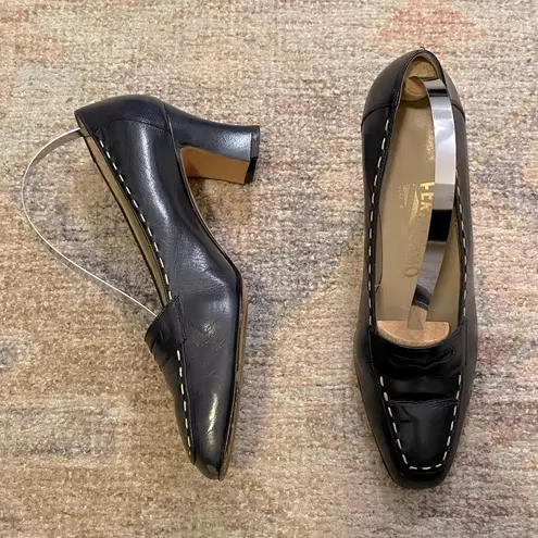 Salvatore Ferragamo Dark Navy Vintage Stitched Close Toed Pumps
