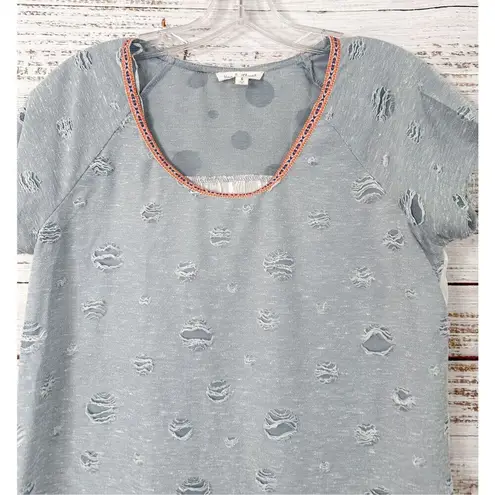 Hem & Thread Women's Distressed Color Block Short Sleeve Shirt Blue White Small