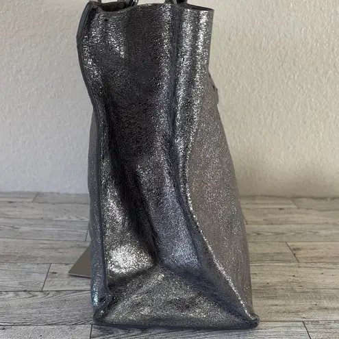 Furla Metallic Silver Leather Tote Bag EUC