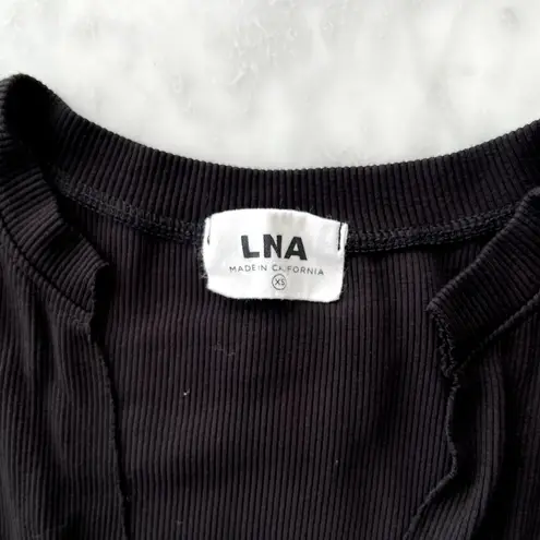 LNA Easy Rib Midi Cap Sleeve Dress Black XS Split Front V-Neck Rayon Spandex