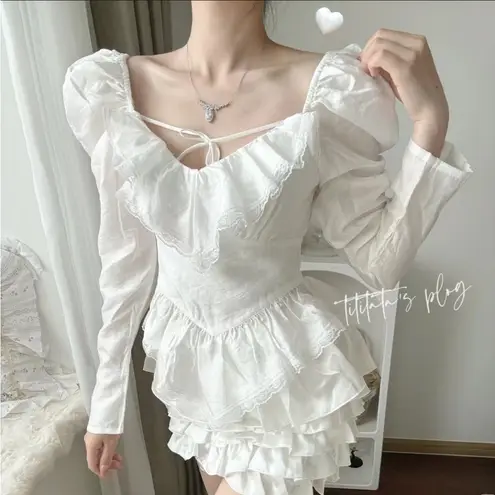 White Japanese Kawaii Cottage Lace Ruffle Princess Puffy Sleeve Blouse Top Size XS