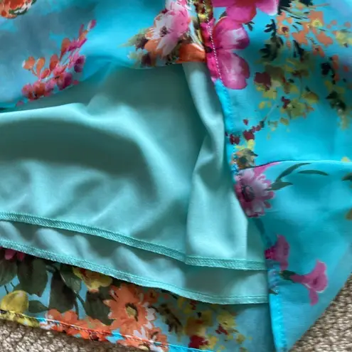 DuO Blue Floral Fit & Flare Dress Belted Lined Elastic Waist Like New Size Small