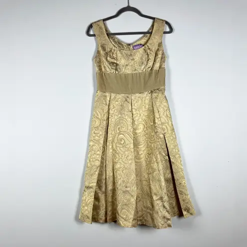 Vivienne Tam Silk Blend Gold Metallic Print Pattern Velvet Waist Fit Flare Dress