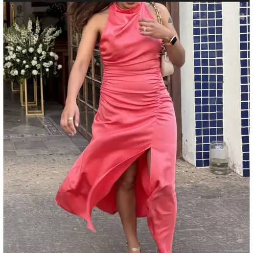 ALC Frank A.L.C. Coral Satin Halter Gown Size 6 Cocktail Asymmetric Ruched Midi Dress $500