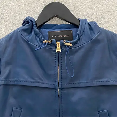 BCBGMAXAZRIA  Blue Cropped Hooded 100% Leather Jacket Size XS