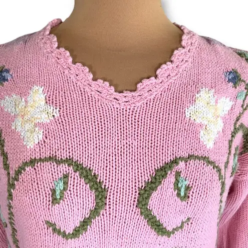 Vintage 90s Embroidered Floral Sweater Pink Scalloped Neck Cottage Flower Knit Size M