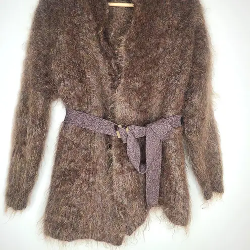 Vintage Brown Long Hair MOHAIR Blend Open Cardigan Sweater Knit Belt Fuzzy Size M