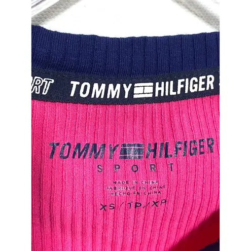 Tommy Hilfiger  Sport Pink Crop Top Shirt Blue Contrast Sewn Logo Womens XS