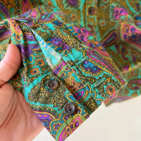 Van Heusen Sz L Button Front Blouse Top Funky Green Paisley Pockets Shirt
