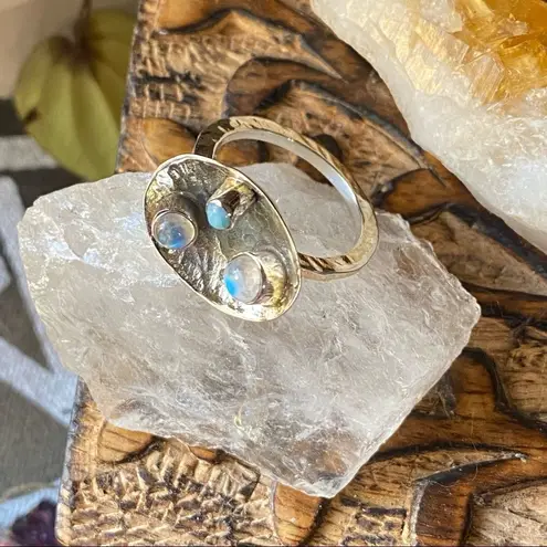 Larimar & Moonstone Israeli Hammered Sterling Silver Ring Size 9.5 Silver