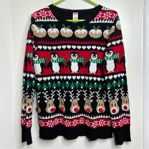 Holiday Time Holiday Christmas Sweater Women’s Medium Reindeer Penguins Trees Snowflakes