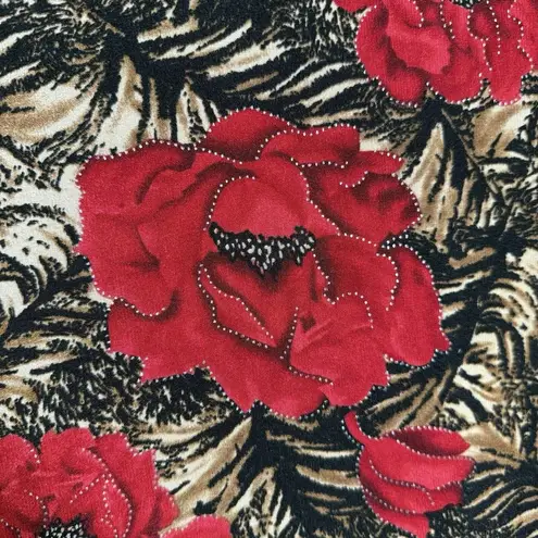 Vintage Y2K Maxi Skirt L Red Floral Tiger Animal Print Slinky Stretch Pull On Size L