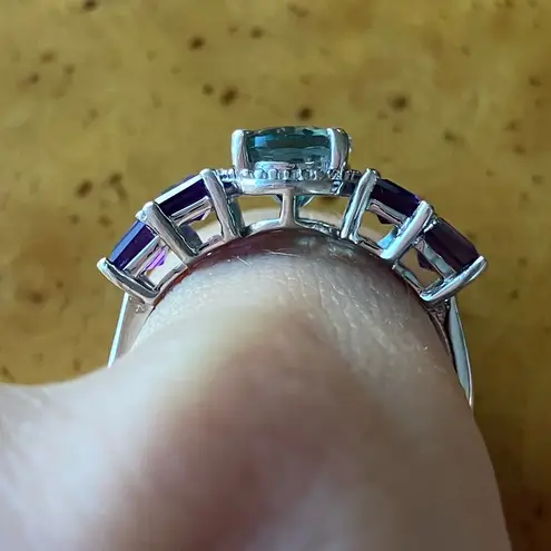 Teal Color Changing Fluorite Amethyst Art Deco Ring Size 8 Silver