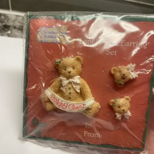 Lapel Pin & Matching Stud Earrings Christmas Holiday Cheer Bear Set