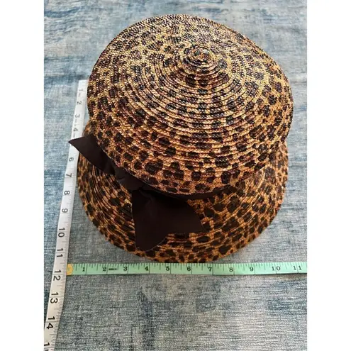 Eric Javits Tan and Brown Leopard Animal Print Straw Hat With Ribbon Bow