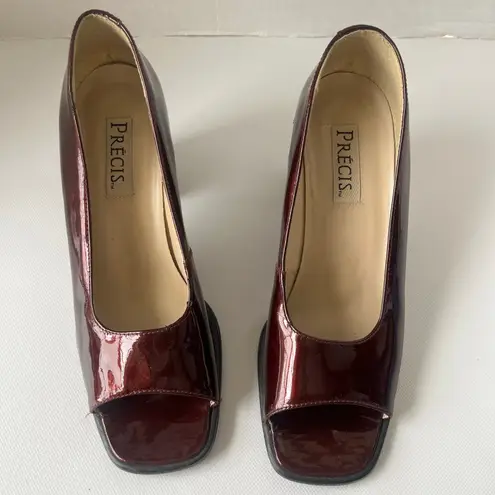 Vtg Precis 90s Patent Peep Toe Womens Shoes Sz 7.5 Chunky Heel Retro Y2K Square Red