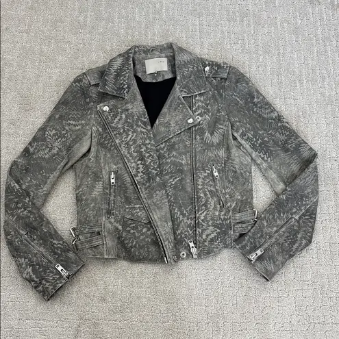 IRO “Salinas” 100% lamb leather camo printed moto biker jacket collared grey