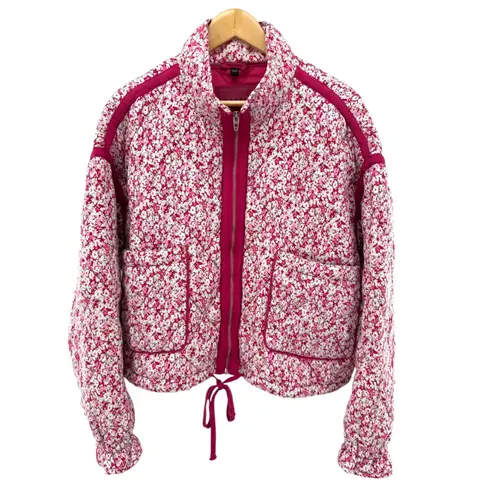 BLANKNYC Floral Quilted Bomber Jacket Pink White Burgundy Women's XL Drawstring