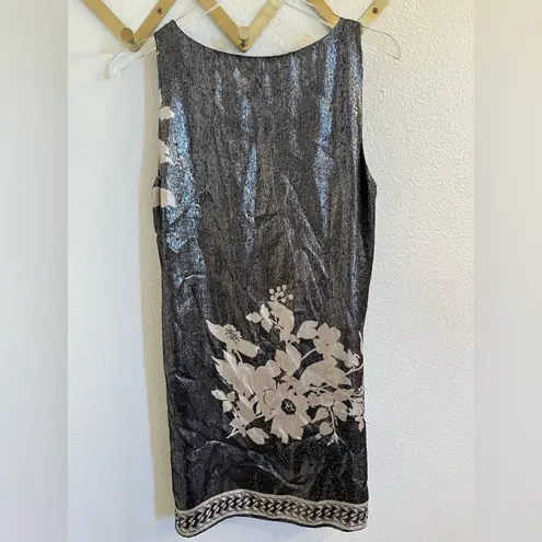 Hale Bob NWT Silk Floral Metallic Shift Dress Black Ivory Silver Medium