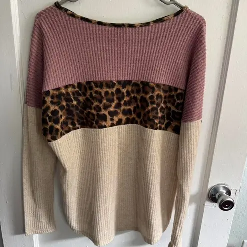 Lovely Miracles Color Block Leopard Print Long Sleeve Top Brown Size M