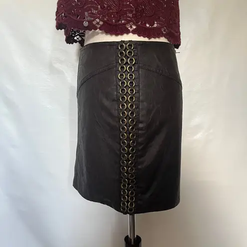Y2K Andrew Charles Vegan Leather Mini Skirt Sz 26 Goth Punk Brass Chain Festival Brown