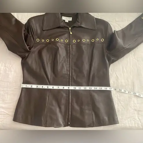 St. John Sport Brown Leather Jacket Coat Gold Grommet Y2K 90’s Style Petite Small)