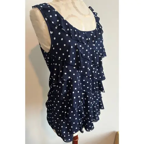Roz & Ali Women's Polka Dotted Ruffled Navy Tank Top Large