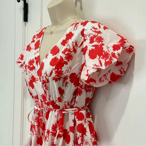 Aakaa Floral Mini Wrap Dress Red Small Ruffle Garden Party Coquette Beach Vacay