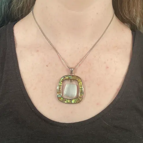 Lia Sophia High Tide Necklace Pendant Silver Square Abalone Mother Pearl Stone