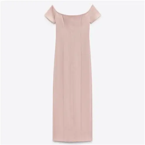 ZARA  Off the Shoulder Bodycon Midi Dress XSMALL Baby Light Pink Topstitched