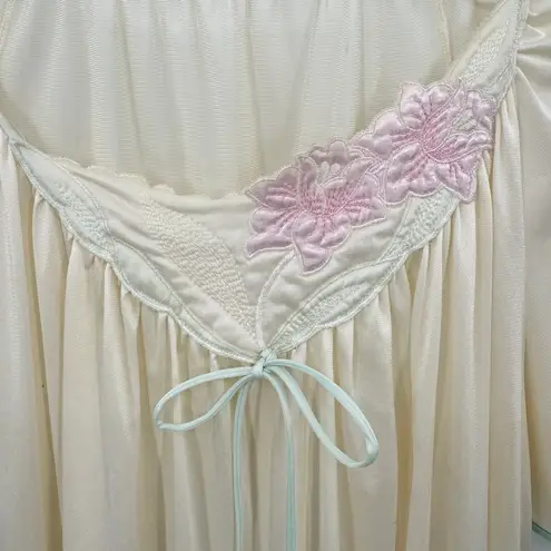Vintage 80s Nightgown Cream Satin Quilted Embroidered Flowers Made in the USA Green Size M