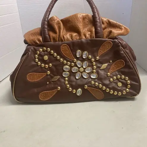 Y2K Genuine Leather Rhinestone Handbag Satchel brown & tan Baguette Chunky Brown