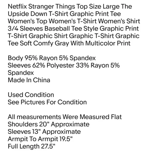 Netflix Stranger Things Top Size Large The Upside Down T-Shirt Graphic Print Tee Women's Top