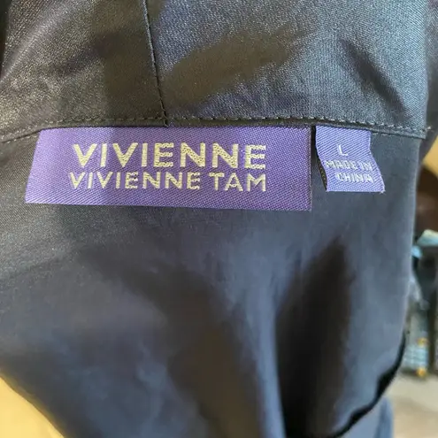 Vivienne Tam Vivienne Midnight Navy Blue Mix Media Satin Draped Waterfall Jacket