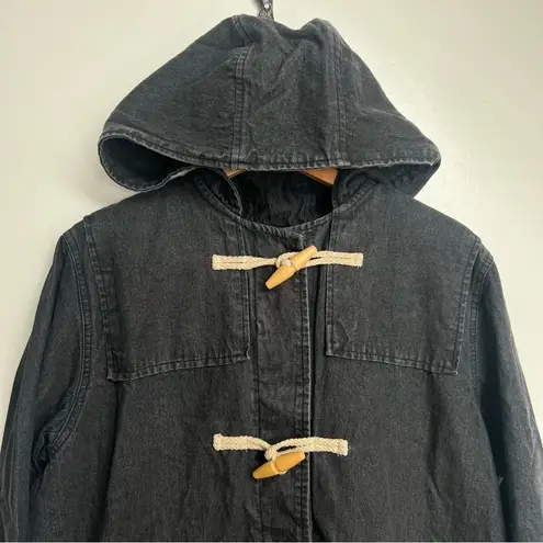 Denim & Co Vintage Fleece Lined Black Denim Hooded Toggle Coat NWT