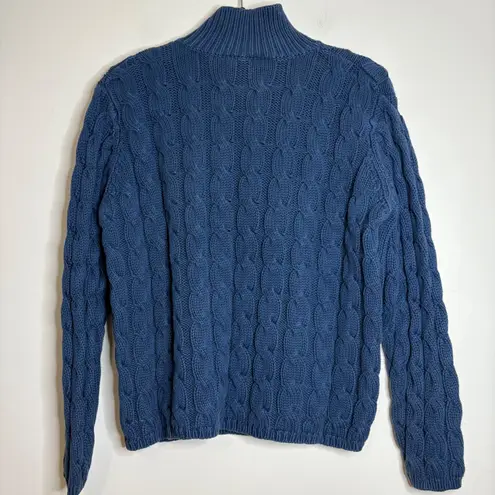 LL Bean Women's Blue Cable Knit Mock Neck Fisherman Sweater Size LG