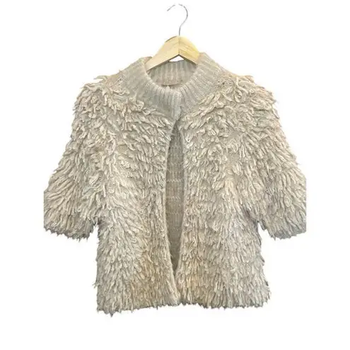Anthropologie Knitted & Knotted Cardigan Boho Short Sleeve Sweater Jacket Cream Tan Size XS
