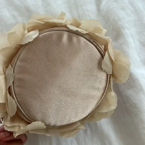 Vintage Roses on Satin Classic Taupe Mini Handbag Leather Handle Tan