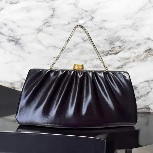 Vintage 70's 80's Dark Brown Clutch Bag Gold Tone Trim Chain Retro Silver thumbnail 2