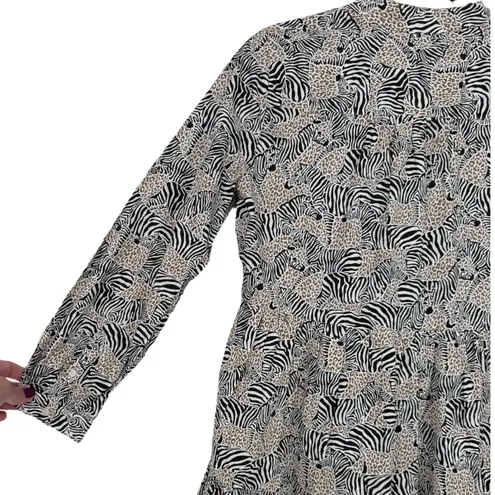 J.Crew Animal Print Novelty Zebra Leopard Long Sleeve Tiered Mini Dress Size XS Black