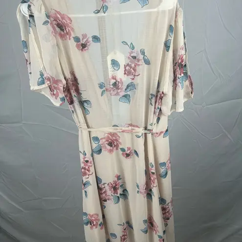 Sheer Maxi Floral Wrap Belted Dress Short Slit Sleeves Large Flowy Cottagecore
