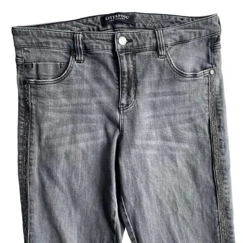 Liverpool Crop Straight Jean Ankle denim Gray Size 10 Bling Side Stripe Fray hem