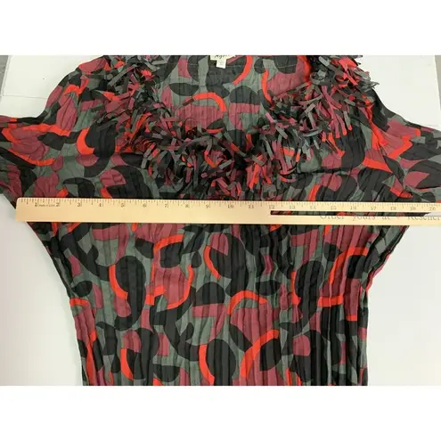 Vintage Crinkle Y2K 90s 2000s Blouse Top Small Red Black Abstract Fringe Fairy