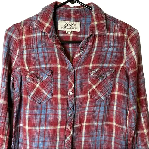 Ryan Michael Mini Dress Plaid Tabbed Sleeve Red Blue Small 100% Cotton Western