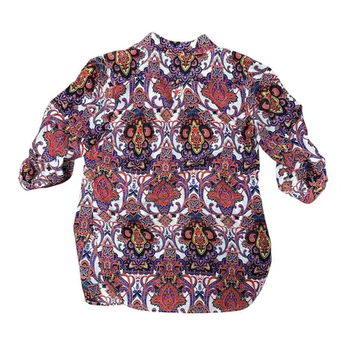 Depri Red and Purple Graphic Button Down Blouse with Cuffed Sleeves