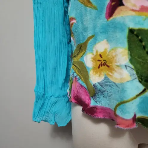 Jane Ashley Turquoise Sequin Tropical Floral Long Sleeve Top Size Medium