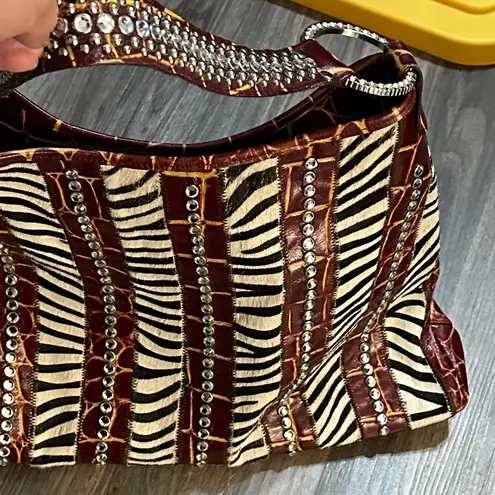 Raviani ✨ Western Glam Zebra & Croc Rhinestone Shoulder Bag. Red